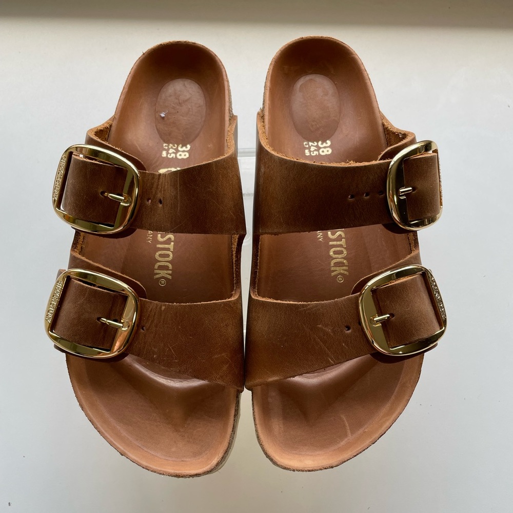 Birkenstock Arizona Big Buckle Slide Sandal Cognac Oiled Leather Size 7 7.5
